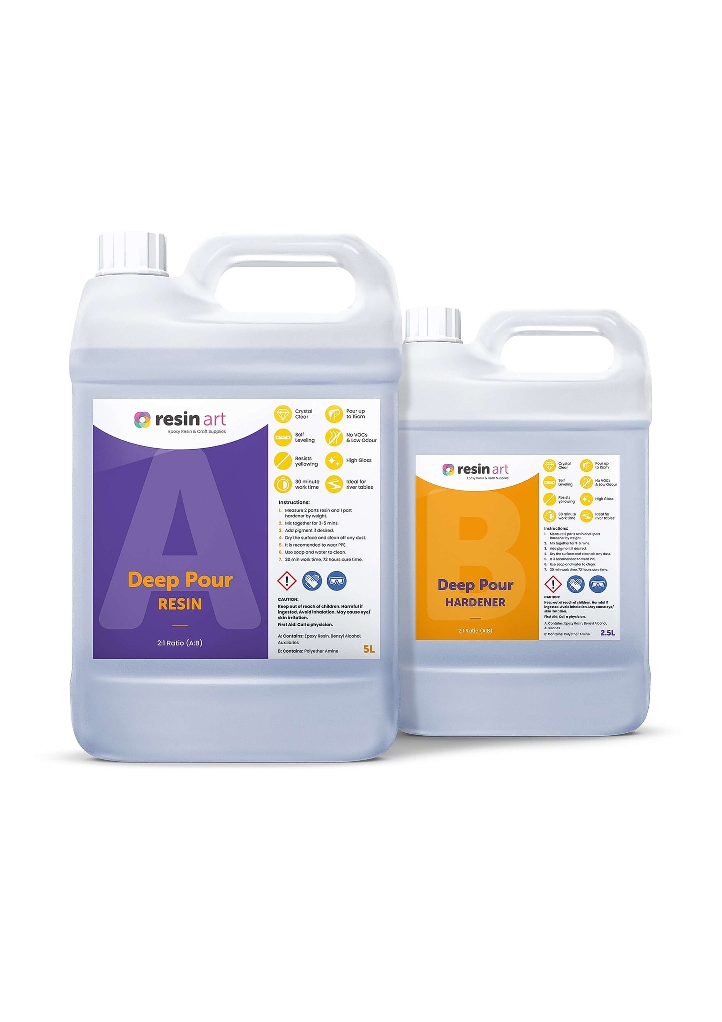 Resin Art® Deep Pour Epoxy Resin kit in 7.5kg kit. Ideal for river tables, woodworking, and deep casts. Crystal clear, bubble-free, durable.