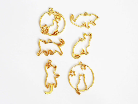 Gold Alloy Cat Hollow Blank Frame UV Resin Pendant Charm Jewelry Making Set of 6